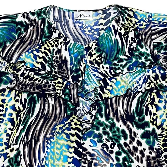 N Touch Ruffle Blouse 3X/4X Multicolor Animal Print Stretch Flutter Sleeve Plus - Picture 3 of 8